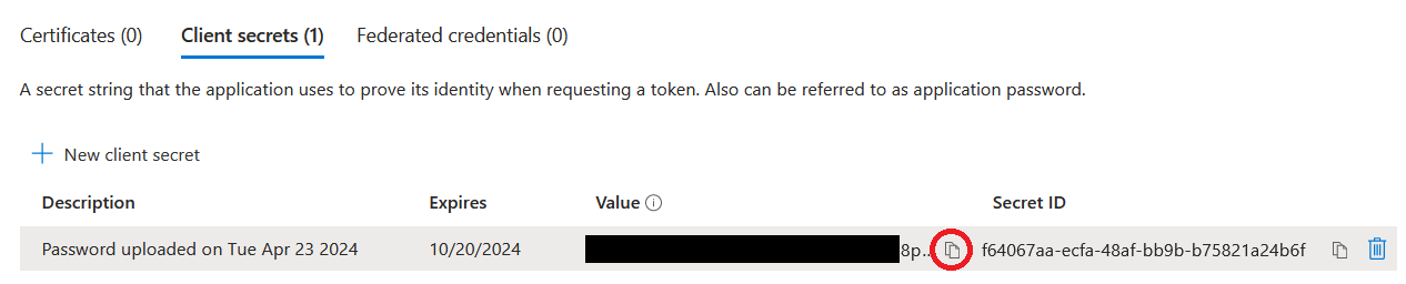 Screenshot for copying the client secret