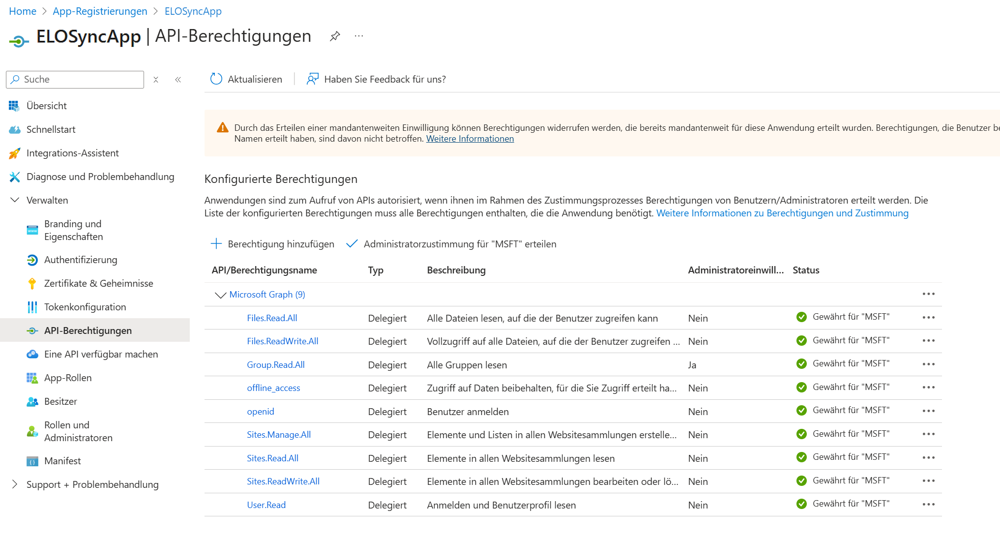 Screenshot for permissions with admin consent