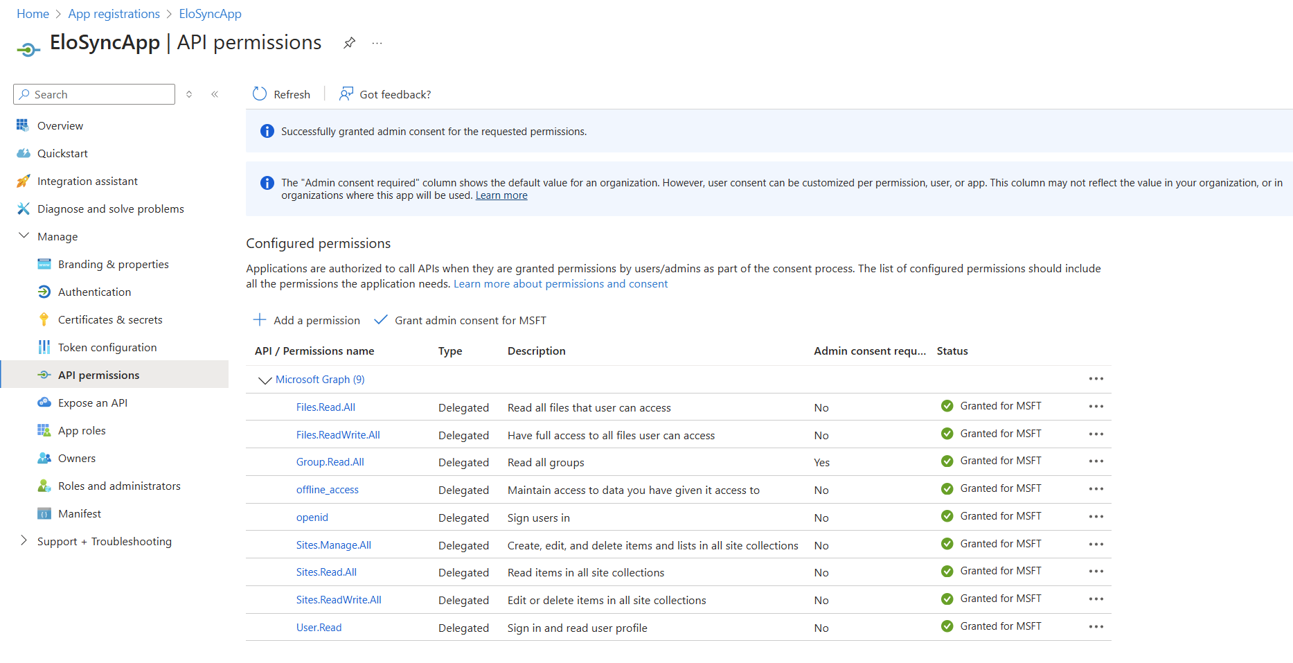 Screenshot for permissions with admin consent