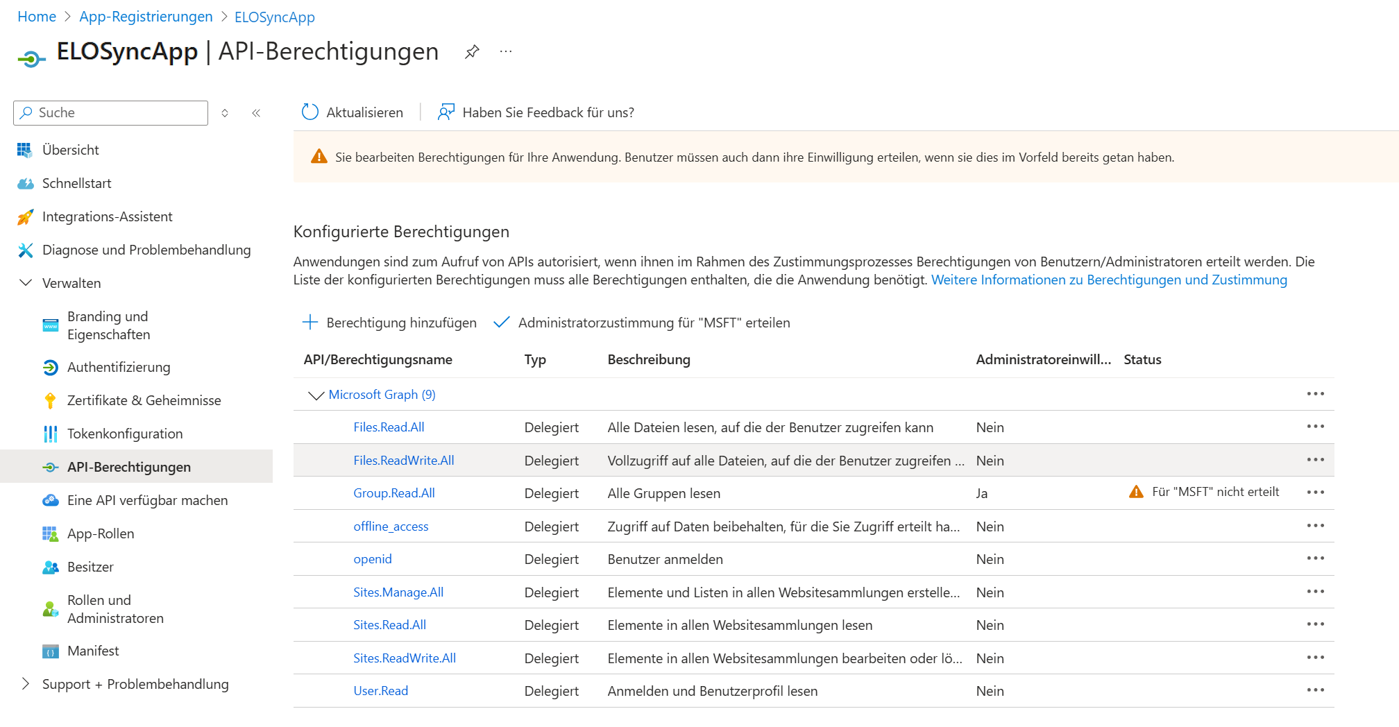 Screenshot for added permissions without admin consent