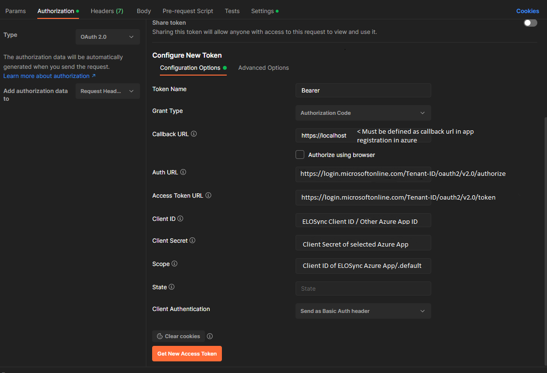 Postman config outh ELO Sync app data