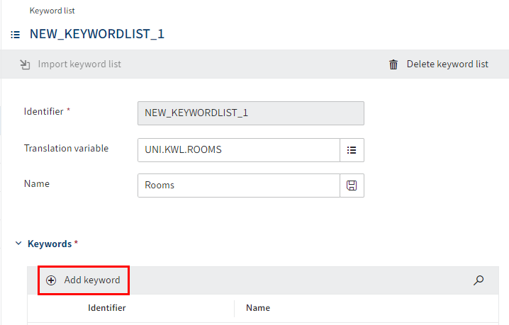 'Keyword list' dialog box; 'Add keyword list' button