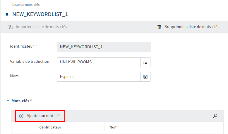 Dialogue 'Liste de mots-clés'; bouton 'Ajouter un mot-clé'
