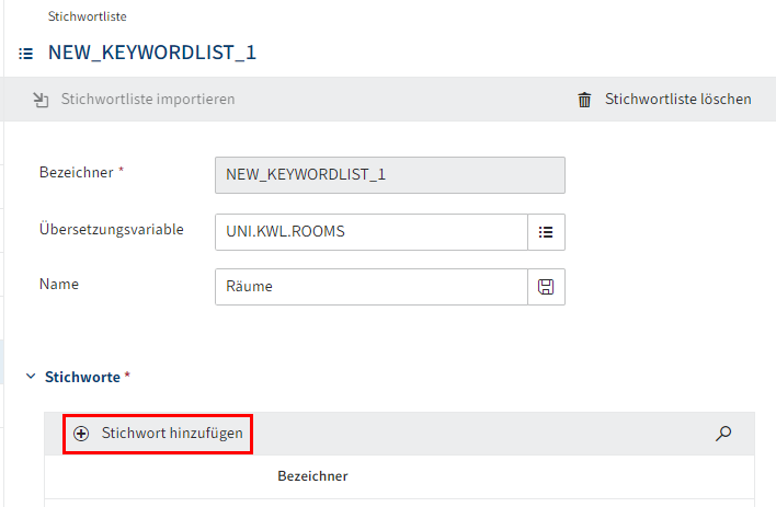 Dialog 'Stichwortliste'; Button 'Stichwort hinzufügen'