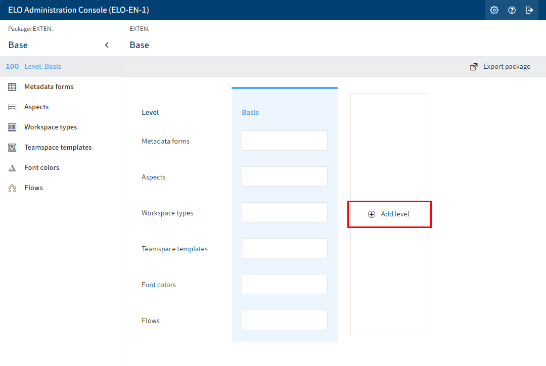 'Add level' in the ELO Administration Console