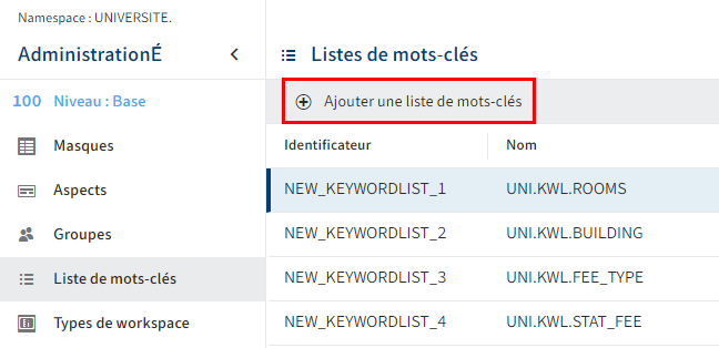 Bouton 'Ajouter une liste de mots-clés'