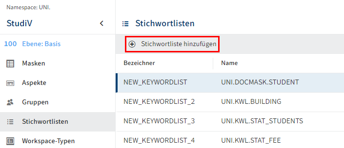 Button 'Stichwortliste hinzufügen'