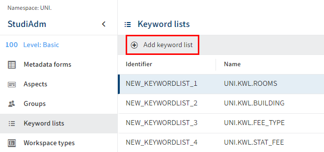 'Add keyword list' button