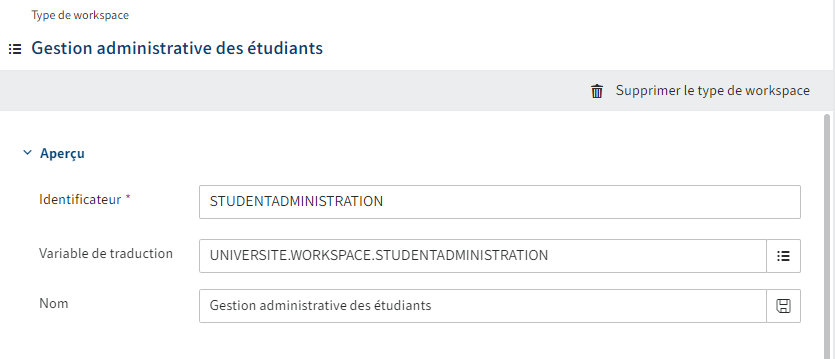 Section 'Apercu' dans la section d configuration d'un type de workspace