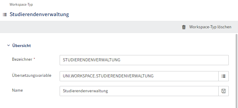 Bereich 'Übersicht' im Konfigurationsbereich eines Workspace-Typs