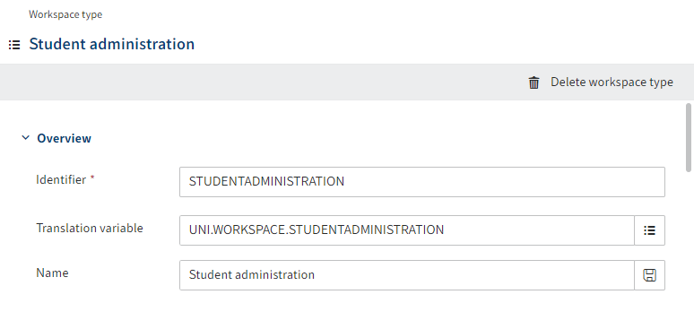 'Overview' area in the workspace type configuration