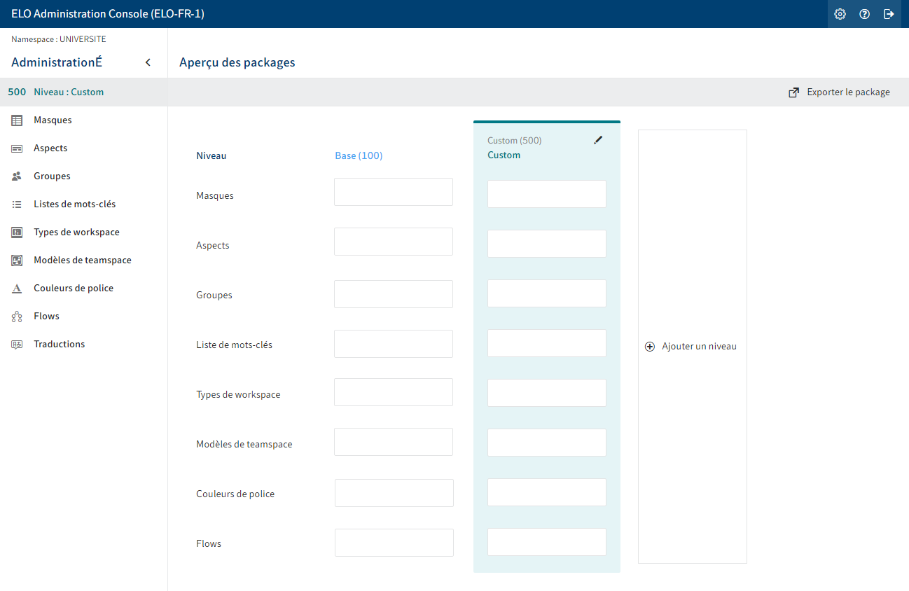 Nouveau package dans la console d'administration ELO