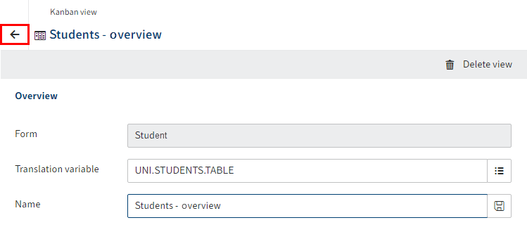 Arrow icon in the header area of the 'Kanban view' dialog box