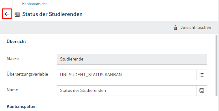 Pfeilsymbol im Kopfbereich des Dialogs 'Kanbanansicht'