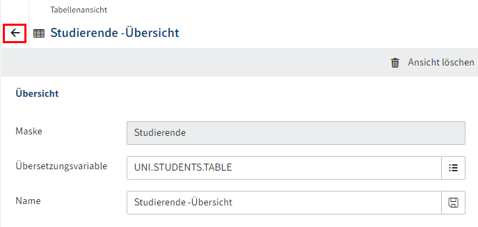 Pfeilsymbol im Kopfbereich des Dialogs 'Tabellenansicht'