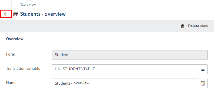 Arrow icon in the header area of the 'Table view' dialog box