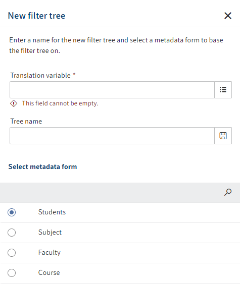 'New filter tree' dialog box