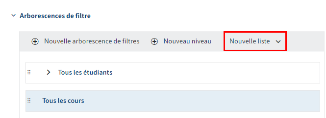 Bouton 'Nouvelle liste' dans la section 'Arborescences de filtres'