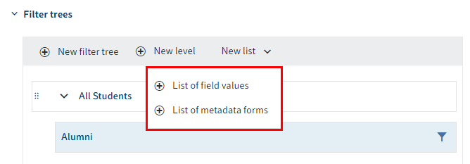 'New list' drop-down menu