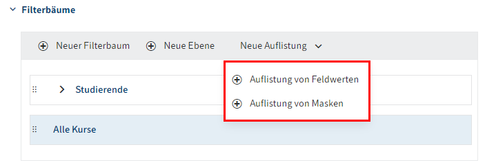 Drop-down-Menü 'Neue Auflistung'