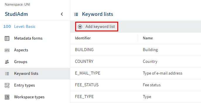 'Add keyword list' button