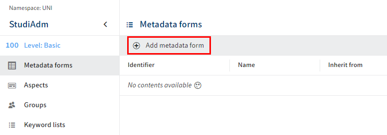 'Add metadata form' button