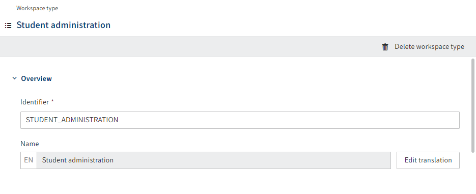 'Overview' area in the workspace type configuration