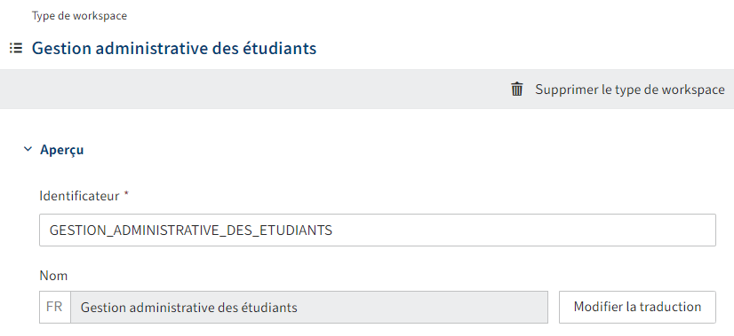 Section 'Apercu' dans la section d configuration d'un type de workspace