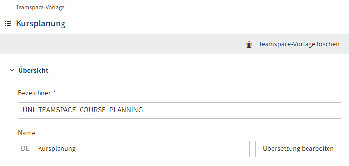 Bereich 'Übersicht' im Konfigurationsbereich einer Teamspace-Vorlage