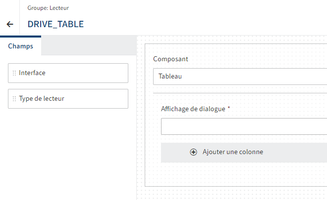 Les possibilités des champs et des réglages de base pour le composant 'Tableau'