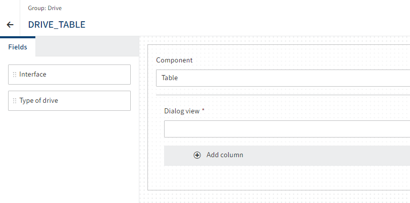 Fields and basic settings for the 'Table' component