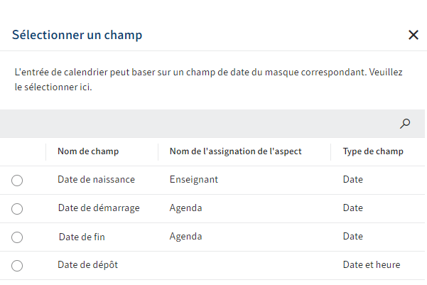 Dialogue 'Sélectionner le champ' (champ de date) dans l'affichage de calendrier