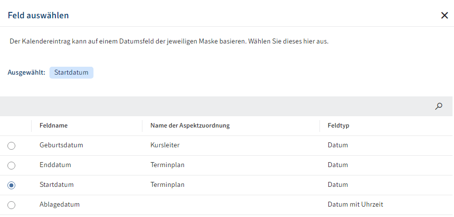 Dialog 'Feld auswählen' (Datumsfeld) in der Kalenderansicht