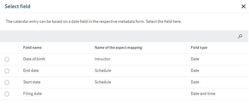 'Select field' dialog box (date field) in the calendar view