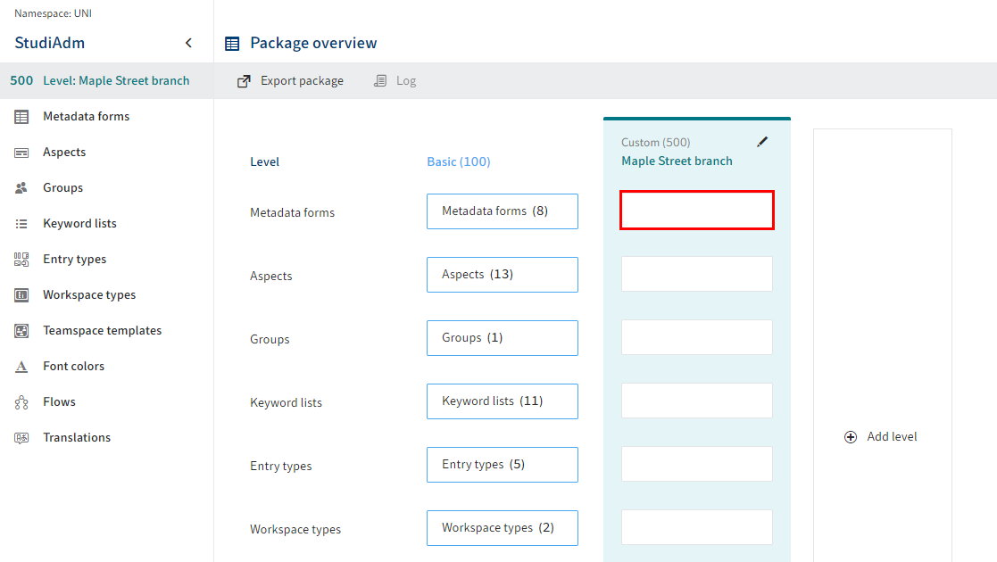 'Metadata forms' menu item in the Custom level