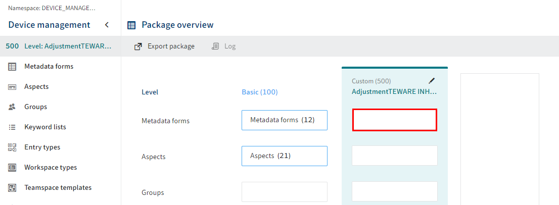 'Metadata forms' menu item in the Custom level