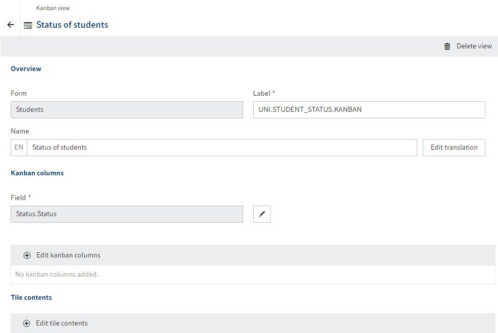 'Kanban view' dialog box