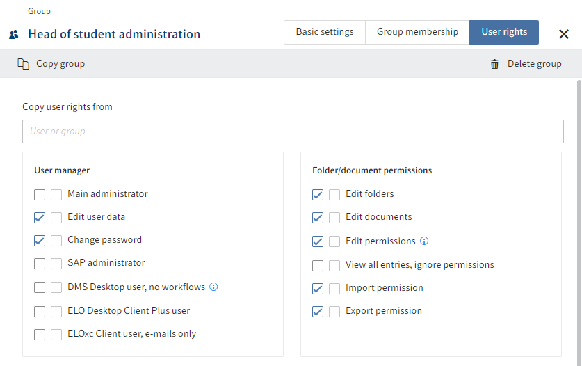 Overview of configuration options in the 'User rights' tab