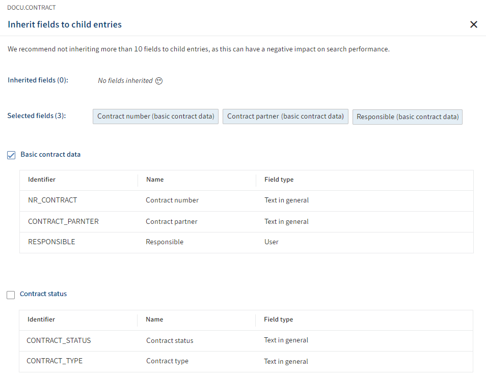 'Provide metadata in child entries' dialog box with aspect mapping for passing on contract data