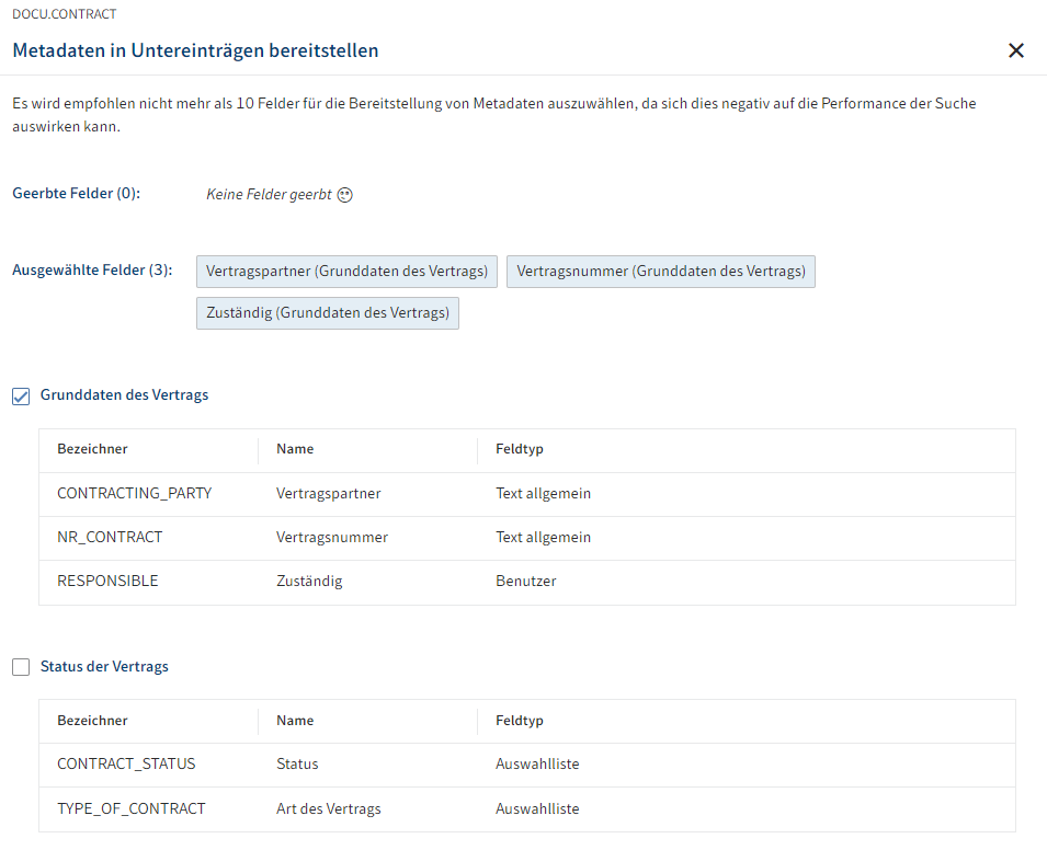 Dialog 'Metadaten in Untereinträgen bereitstellen' mit einer Aspektzuordnung für die Weitergabe von Vertragsdaten