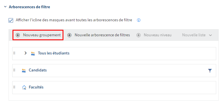Bouton 'Nouveau groupement dans la section 'Arborescences'