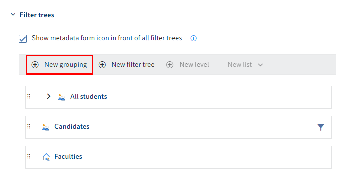 'New grouping' button under 'Filter trees'