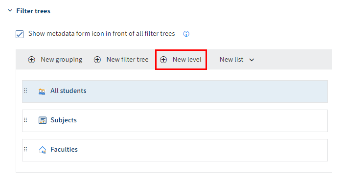 'New level' button under 'Filter trees'