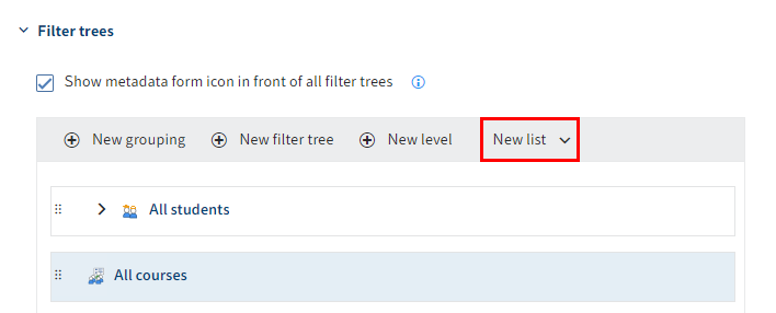 'New list' button under 'Filter trees'