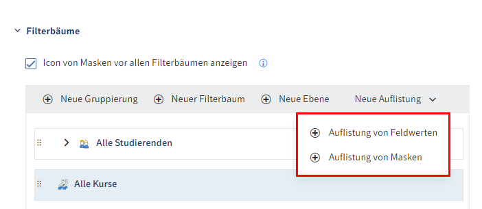 Drop-down-Menü 'Neue Auflistung'