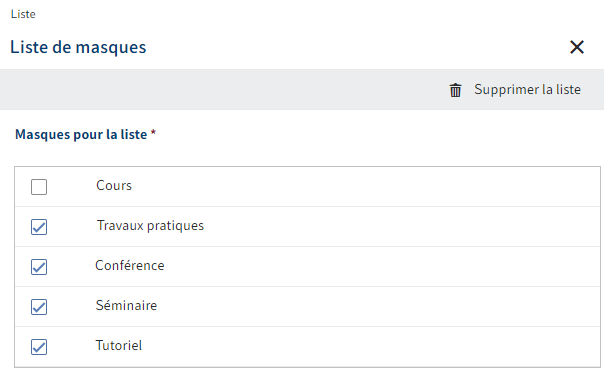Dialogue 'Liste' avec un masque pour les cours et masques enfants pour des séminaires, tutoriels, conférences et travaux pratiques