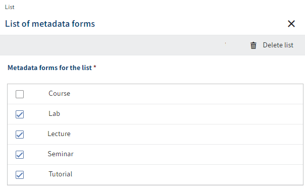 'List' dialog box with a metadata form for courses and child metadata forms for seminars, tutorials, lectures, and labs