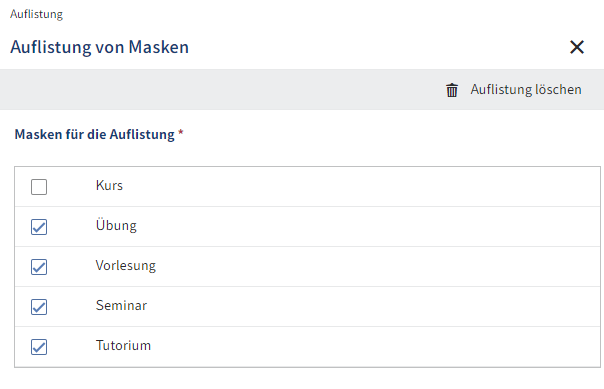 Dialog 'Auflistung' mit einer Maske für Kurse und Kindmasken für Seminare, Tutorien, Vorlesungen und Übungen