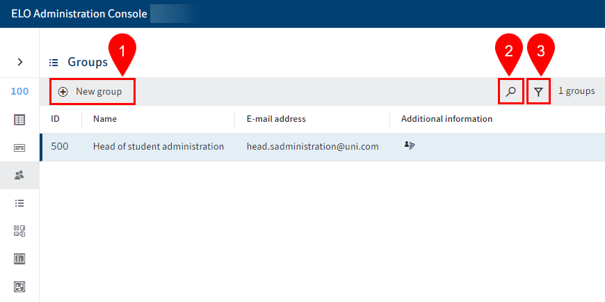 Overview of the 'Groups' area in an ELO Administration Console package