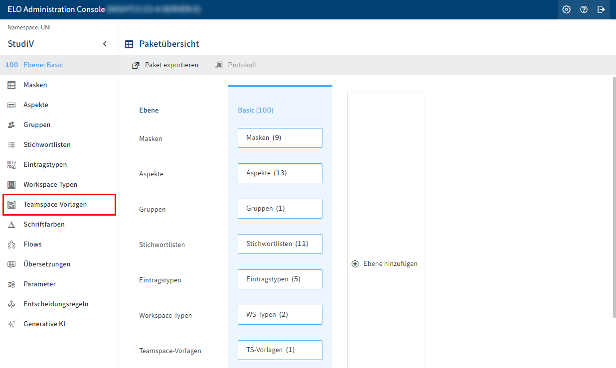 'Teamspace templates' button in the overview of a package